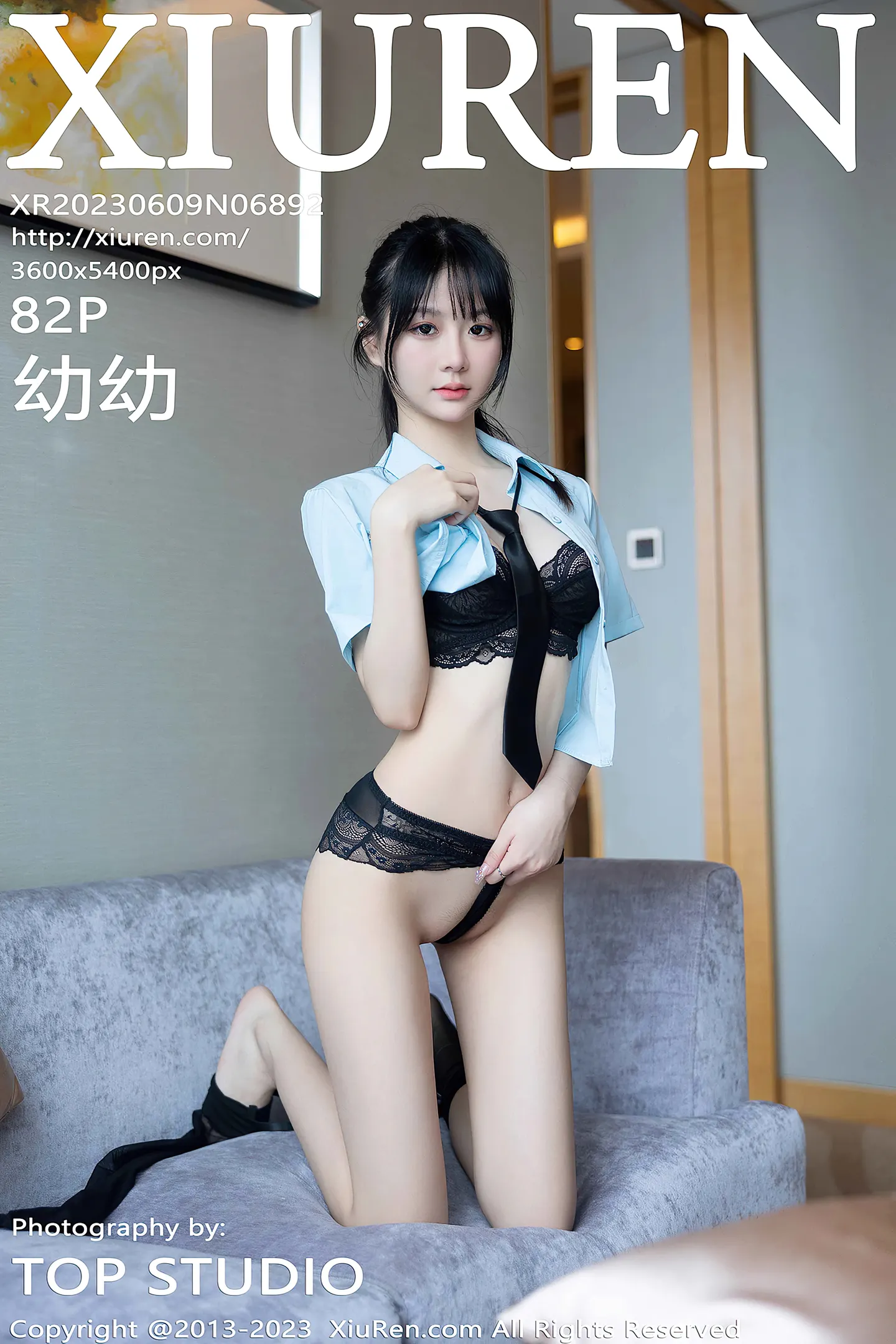 [XiuRen秀人网]No.6892_模特幼幼脱淡蓝色上衣露黑色蕾丝内衣配黑丝吊袜完美诱惑写真82P-秀人网 - XiuRen.Xyz